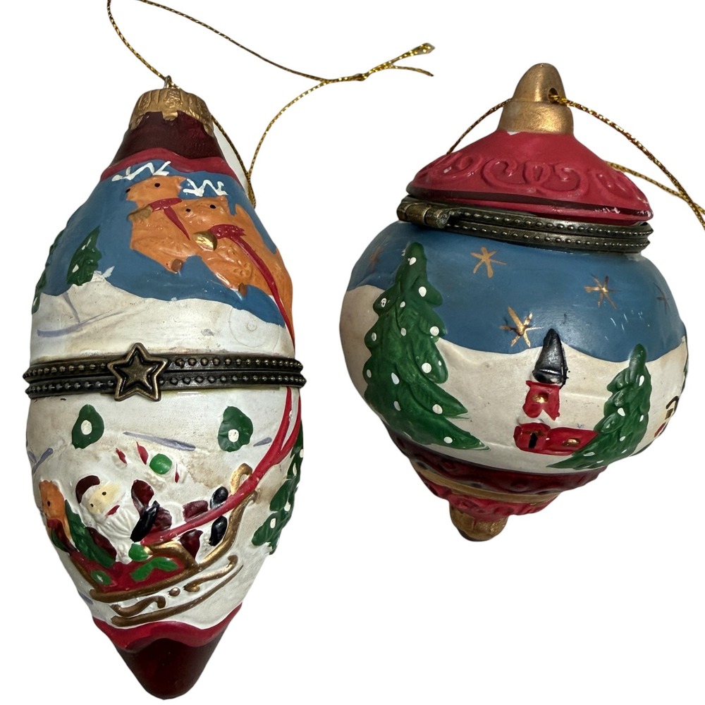 Vintage Style Christmas Hinged Trinket Box Ornaments Santa Reindeer Set of 2